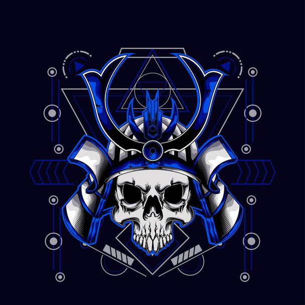 blue samurai skull helmet with sacred geometry for wallpaper, Banner, T-shirt, Poster, Hoodie, Tottebag, Background, Card, Book Illustration, And Web Landing Page - Vector, Image