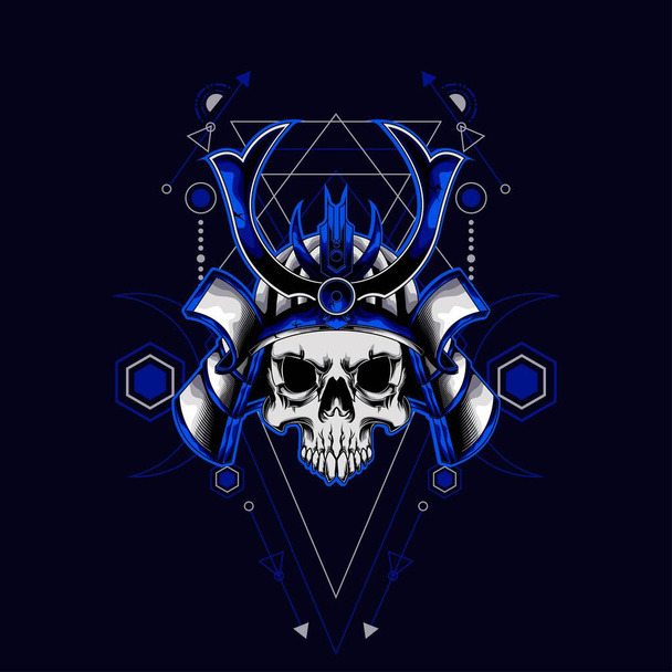 blue samurai skull helmet with sacred geometry for wallpaper, Banner, T-shirt, Poster, Hoodie, Tottebag, Background, Card, Book Illustration, And Web Landing Page - Vector, Image