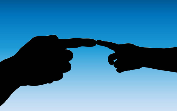 Vektor-Illustration eines Symbols der Barmherzigkeit Silhouetten der Hände eines Erwachsenen und eines Kindes berühren Zeigefinger auf einem Gradienten-Hintergrund von blau nach weiß. - Vektor, Bild