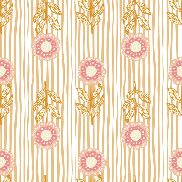 Vintage naadloos patroon met roze gekleurde folk bloemen elementen. Gestreepte achtergrond. Lichte tonen. Ideaal voor stof ontwerp, textiel print, verpakking, cover. Vectorillustratie. - Vector, afbeelding