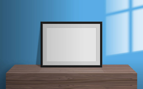 marco vacío de la imagen en blanco en la ventana de la mesa de madera efecto de luz en la pared se burlan de  - Vector, Imagen