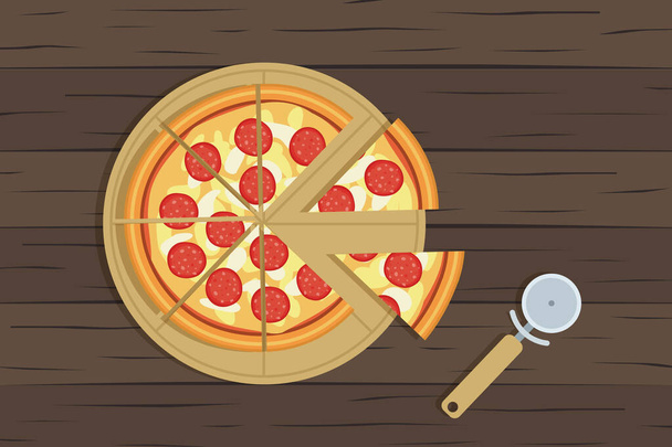 вкусная нарезанная пицца пепперони и нож на деревянном столе вид сверху - Вектор,изображение