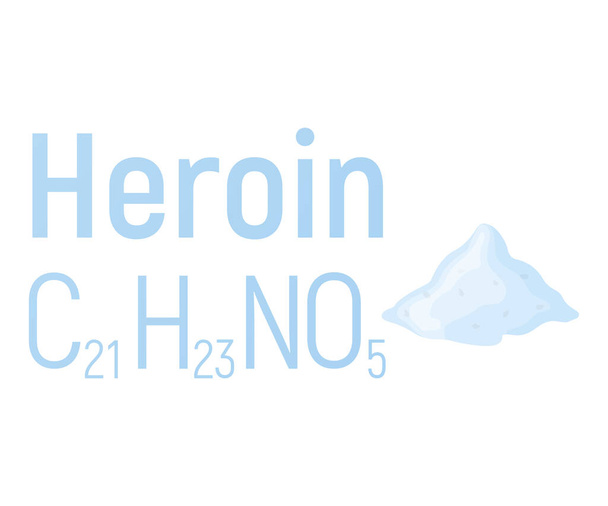 Heroïne concept chemische formule pictogram label, tekst lettertype vector illustratie, geïsoleerd op wit. Periodiek element tabel, verslavend drugsgebruik. - Vector, afbeelding