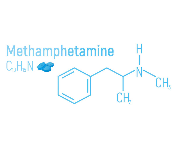 メタンフェタミンの概念化学式アイコンラベル、テキストフォントベクトルイラスト、白に隔離された。定期的な要素テーブル、中毒性の薬物物. - ベクター画像