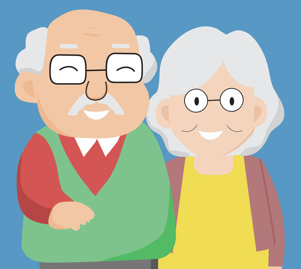 Coppia di anziani innamorati, persone anziane. Nonni un concetto di famiglia felice su sfondo biue isolato. Illustrazione vettoriale in stile piatto.  - Vettoriali, immagini