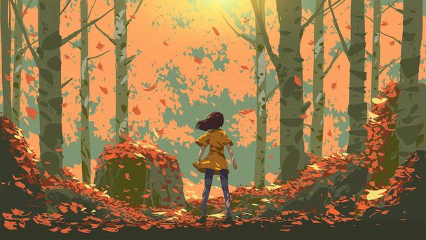 Genç kız sonbahar ormanında duruyor, vektör çizimi.  - Vektör, Görsel