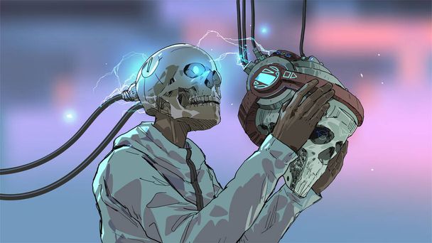 skull man wearing the futuristic virtual reality headset, vector illustration - Vector, Image