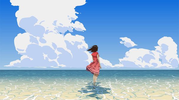woman standing on the sea looking at the summer sky, vector illustration - Vector, Image