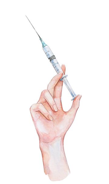 mão segurando uma seringa aquarela arte isolado - Foto, Imagem