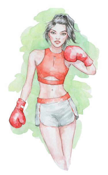 Beautiful young girl boxing watercolor art - Photo, Image