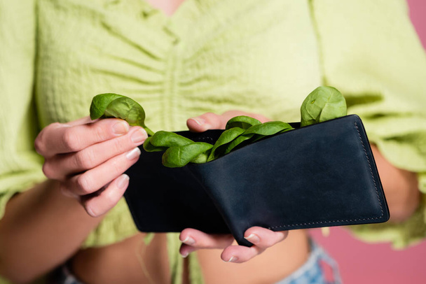 gedeeltelijk zicht op vrouw met portemonnee met verse groene spinazie, selectieve focus - Foto, afbeelding
