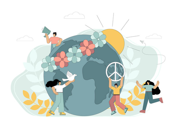Concepto Día de la Tierra y Día de la Paz. Pacifismo. Gente pequeña, globo, paloma. Para banner, volante, sitio web, landing page Ilustración vectorial - Vector, imagen
