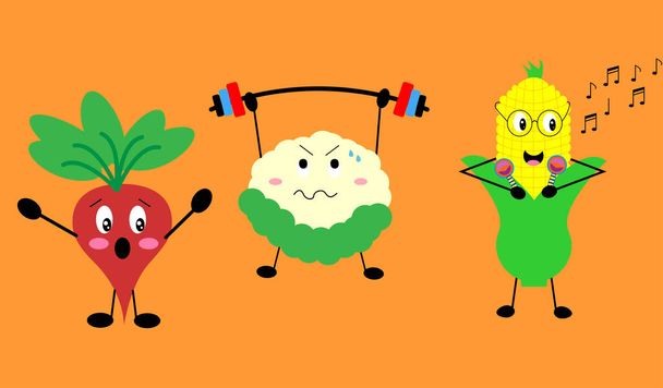 Three fun vegetables doing actions with an orange background - Vector, Image