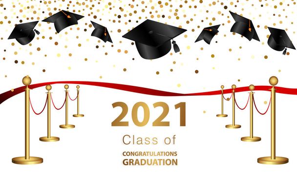 Felicidades, graduación. Clase de 2021. Gorra de graduación y confeti y globos. Banner de felicitación. Academia de Educación Escuela de Aprendizaje - Vector, Imagen