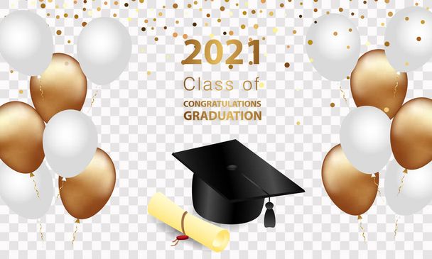 Herzlichen Glückwunsch zum Abschluss. Klasse 2021. Mütze und Konfetti und Luftballons. Glückwunschbanner. Akademie des Lernens - Vektor, Bild