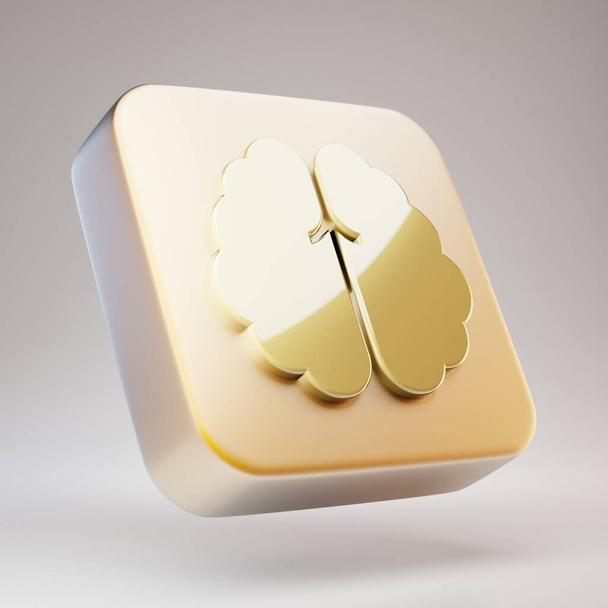Icône cérébrale. Cerveau d'or symbole sur plaque d'or mat. 3D rendu Social Media Icône. - Photo, image