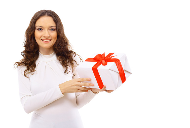 Picture of cheerful santa helper girl with gift box - Foto, afbeelding
