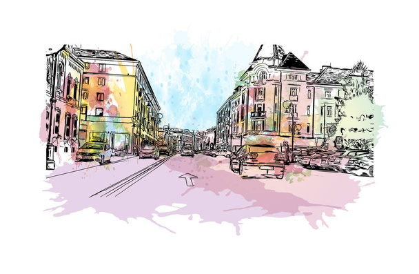 Vytisknout Pohled na budovu s orientačním bodem Craiova je město v Rumunsku. Šplouchnutí akvarelem s ručně kresleným náčrtem ve vektoru. - Vektor, obrázek