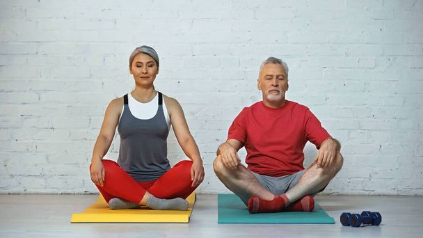 starší multikulturní pár meditující na fitness podložky - Fotografie, Obrázek