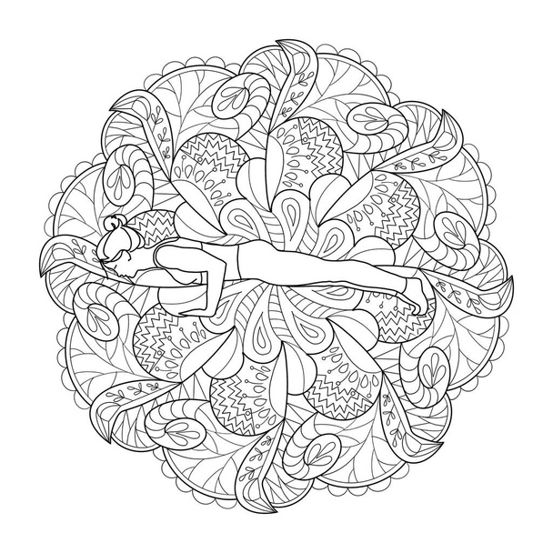 Kleurboek pagina mandala met yoga pose asanas. Yoga school kleurplaat. Gebruik voor volwassenen en kinderen als kunsttherapie. - Foto, afbeelding