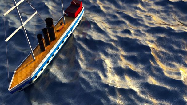 3D-Darstellung eines Oberflächenbootes im offenen Meer, Draufsicht. Computergeneriertes Marineschiff auf einem Hintergrund aus Wasser mit Wellen - Foto, Bild