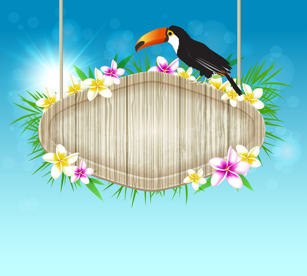 Background with toucan and wooden banner - Vector, Image