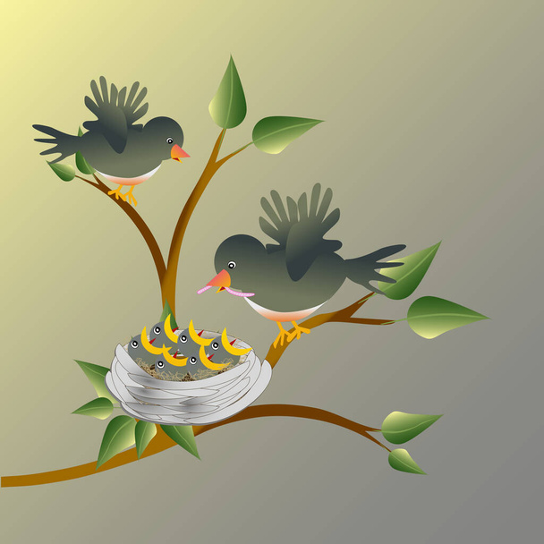 Ptak z robakiem siedzącym na drzewie z gniazdem z młodymi pisklętami ćwierkającymi dla pożywienia. - Wektor, obraz