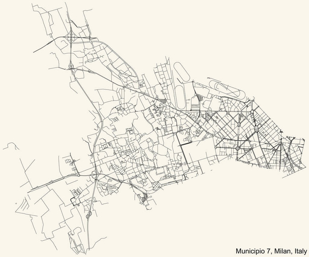 Mappa stradale dettagliata nera su sfondo beige vintage del quartiere Municipio 7 Zona di Milano (Baggio, De Angeli, San Siro) - Vettoriali, immagini