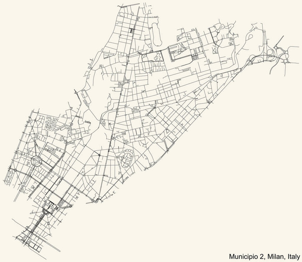 Negro simple y detallado mapa de carreteras en color beige vintage fondo del barrio Municipio 2 Zona de Milán, Italia (Stazione Centrale, Gorla, Turro, Greco, Crescenzago) - Vector, Imagen
