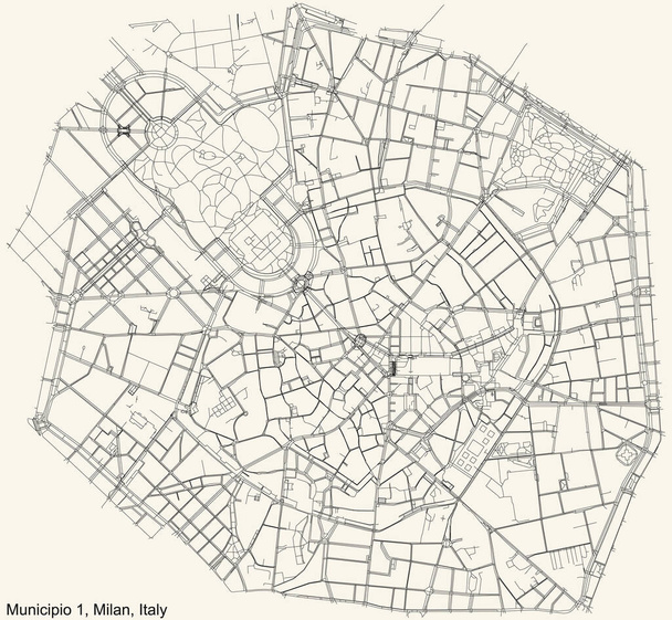 Negro simple y detallado mapa de carreteras en color beige vintage fondo del barrio Municipio 1 Zona de Milán, Italia (Centro storico) - Vector, Imagen