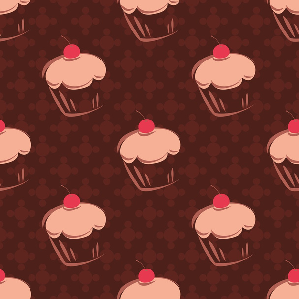 Saumaton vektori kuvio kirsikka cupcakes, muffinit, makea kakku ja polka pisteitä suklaanruskea laatta tausta makeisia
 - Vektori, kuva