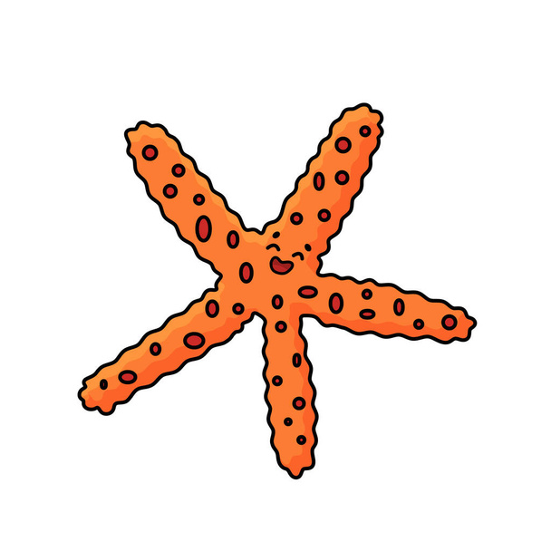 Vector contorno de dibujos animados estrella de mar de colores o estrellas de mar con ojos, sonrisa. Doodle Invertebrados marinos del mar o del océano brillantemente coloreados en naranja. Aislado sobre fondo blanco. - Vector, Imagen