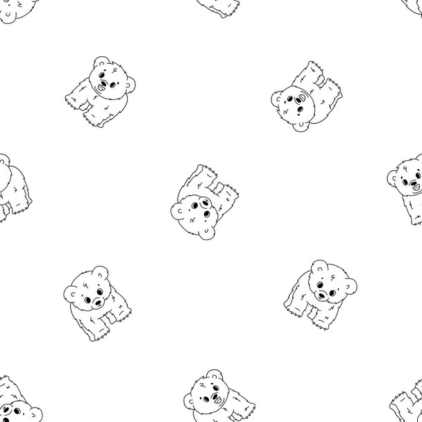 Vector seamless pattern of cute cartoon little kid polar bear cubs, they stands on all legs and smiles. Black Outline children Animals are isolated on white background. Monochrome illustration. - Vector, Image