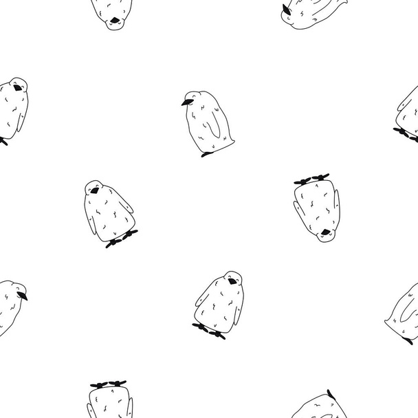 Patrón sin costura vectorial del contorno pingüino rey niños polluelos. Doodle dibujos animados aislados niños animales esponjosos sobre fondo blanco. Vistas frontales y laterales. Efecto blanco negro para ropa de niño o estampados - Vector, imagen