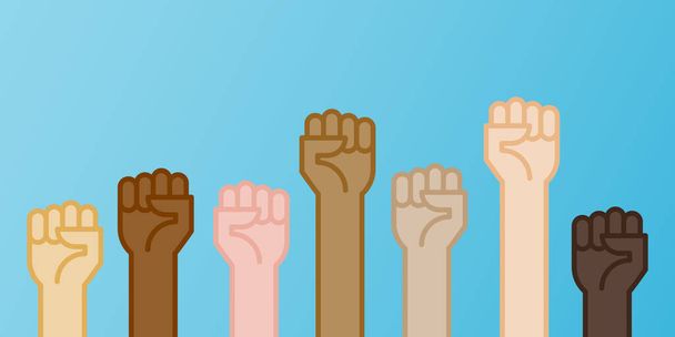 Multiracial fists hands up vector illustration. Concept of unity, revolution, fight, cooperation. Flat outline design. - Vector, Image