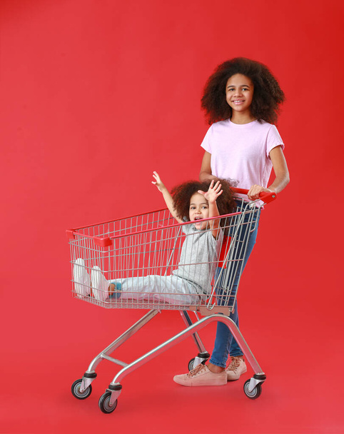 Portrait of cute African-American sisters with shopping cart on color background - Foto, immagini