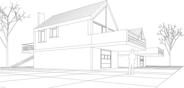 タウンハウス建築プロジェクトスケッチ3Dイラスト - ベクター画像