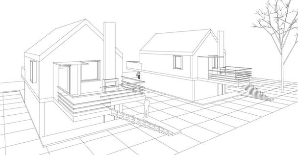 městský dům architektonický projekt skica 3D ilustrace - Vektor, obrázek