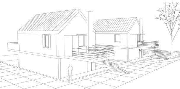 townhouse architectural project sketch 3d illustration - Vector, Image