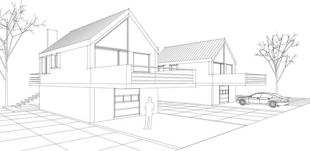 townhouse architectural project sketch 3d illustration - Vector, Image