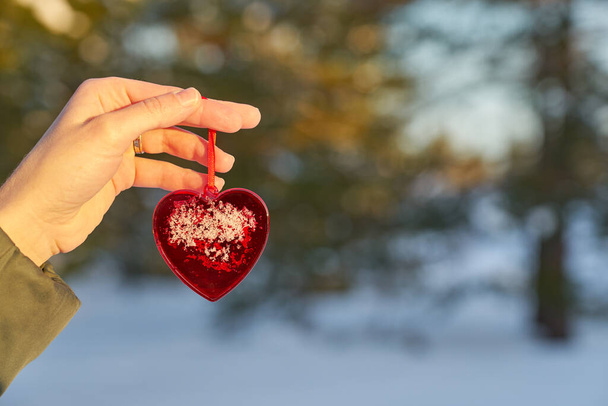 A red glass heart in the hand of a young white woman with a blurred winter forest in the background. Valentines day concept. - Photo, Image