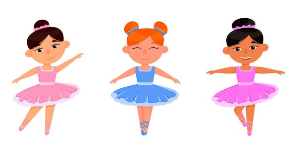 A set of three ballerinas in purple dresses. Ballerina with white hair gathered in a bun. Ballerinas isolated on white background. - Vector, Image