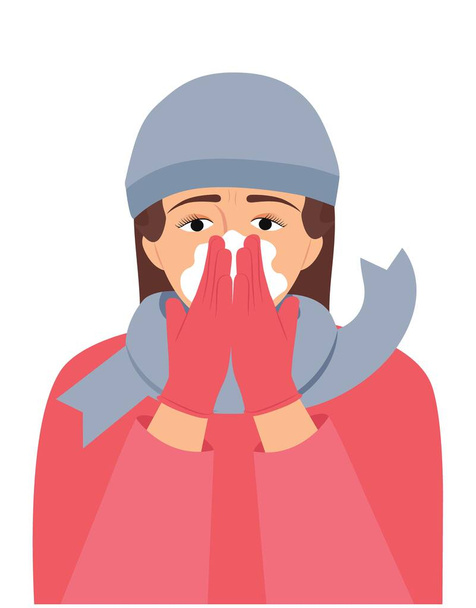 Vrouwen gebruiken weefsel om de mond en neus te bedekken tijdens het hoesten en niezen vector illustratie. Vrouwelijk karakter bedekt haar neus met een zakdoek. Meisje wordt ziek van het niezen van griep. Het begrip winter  - Vector, afbeelding