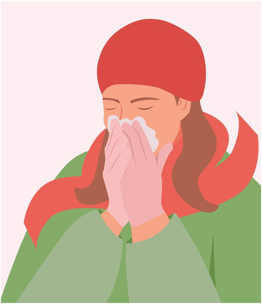 Las mujeres usan tejido para cubrir la boca y la nariz mientras tosen y estornudan ilustración vectorial. El personaje femenino se cubre la nariz con un pañuelo. La chica se enferma estornudando por la gripe. Concepto de invierno  - Vector, imagen