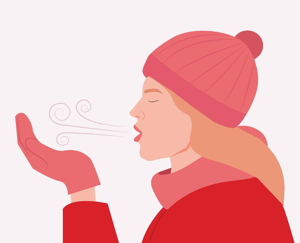 Nainen hengittää höyryjä talvella. Tyttö puhaltaa kylmää ilmaa käsineet huivi ja hattu vektori kuva. Kaunis tyttö talvivaatteissaan puhaltaa kylmää säätä. Talvi käsite - Vektori, kuva