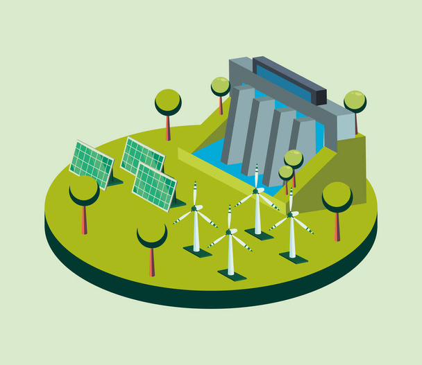 Экологические плотины солнечных батарей и ветряных мельниц изометрический векторный дизайн - Вектор,изображение