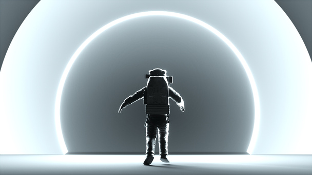 Astronauta en blanco moderno scaphandre ir en el espacio, fondo de representación 3d, telón de fondo generado por ordenador - Foto, imagen