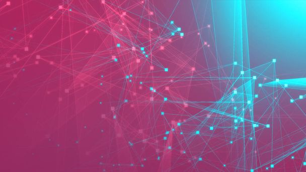 Abstraktes rosa grünes Polygon-Tech-Netzwerk mit Connect-Technologie-Hintergrund. Abstrakte Punkte und Linien strukturieren den Hintergrund. 3D-Darstellung. - Foto, Bild