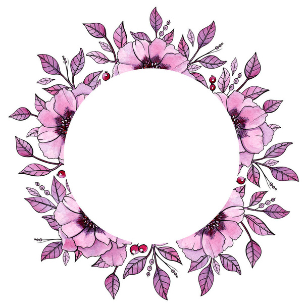 Floral round frame. Watercolor purple flowers, branches, leaves, berries. Template for text - Фото, зображення