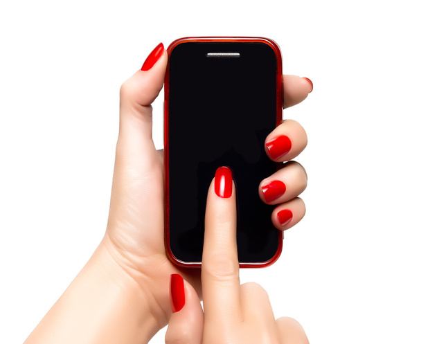 Tyylikäs nainen kädet tilalla älypuhelin
 - Valokuva, kuva